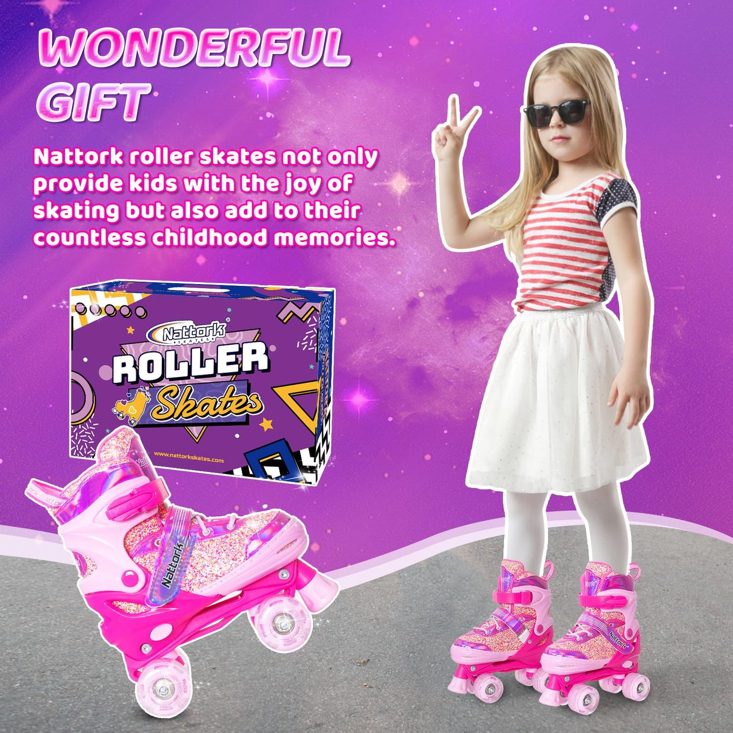 Nattork Kids Adjustable Roller Skates, Candy Pink, Medium(1-4) Size, Unisex NEW