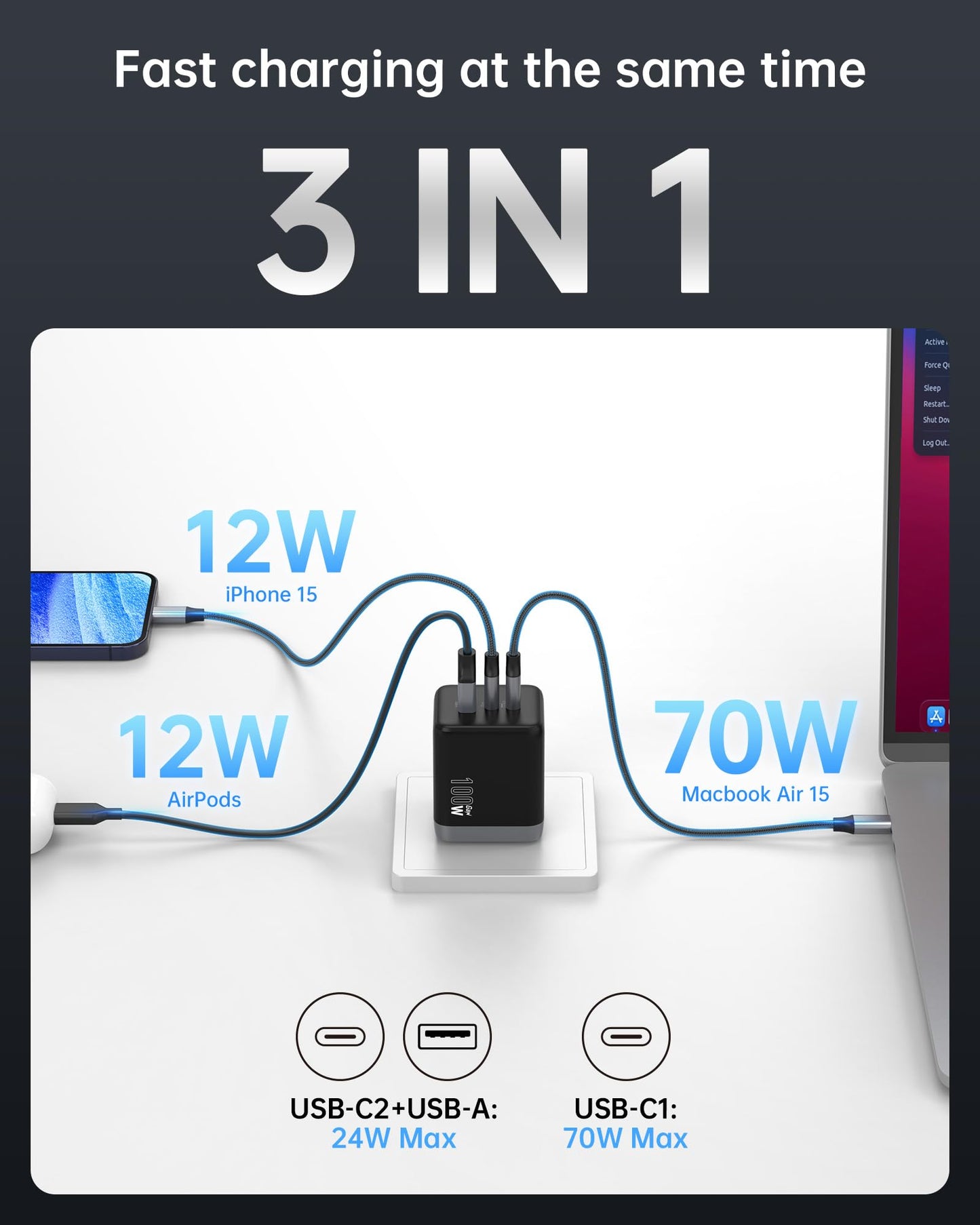 NOVOO 100W GaN III USB-C Fast Charging Adapter 3-Port Mains Charger Black DEMO
