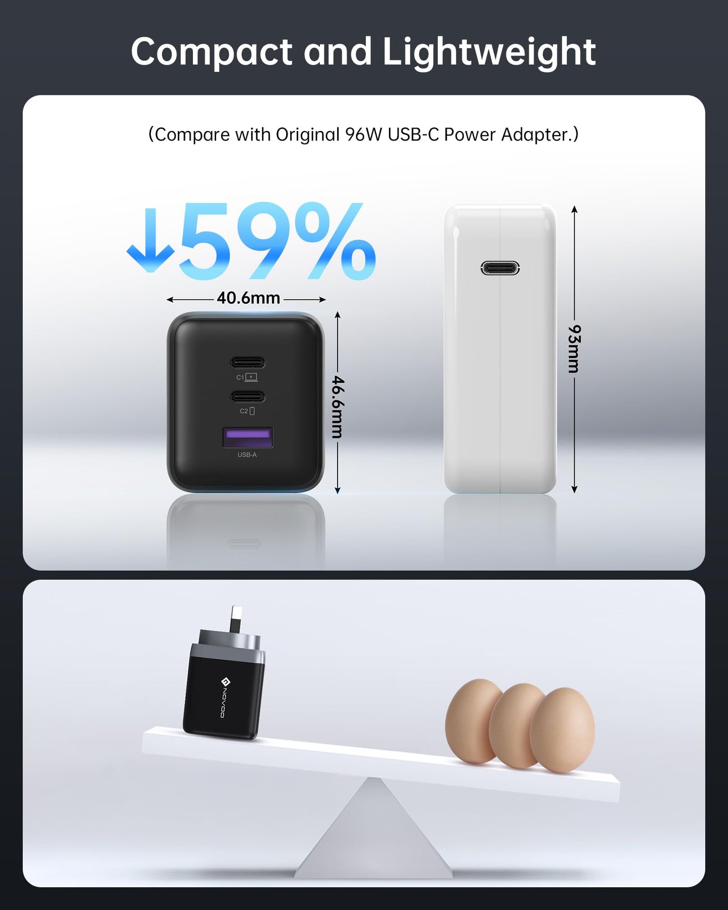 NOVOO 100W GaN III USB-C Fast Charging Adapter 3-Port Mains Charger Black DEMO