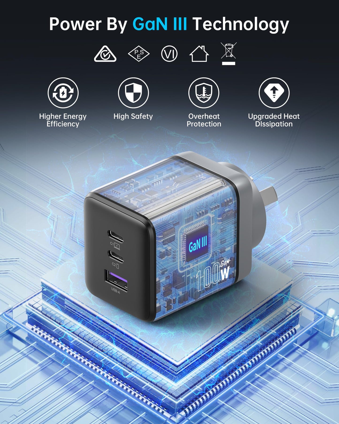 NOVOO 100W GaN III USB-C Fast Charging Adapter 3-Port Mains Charger Black DEMO
