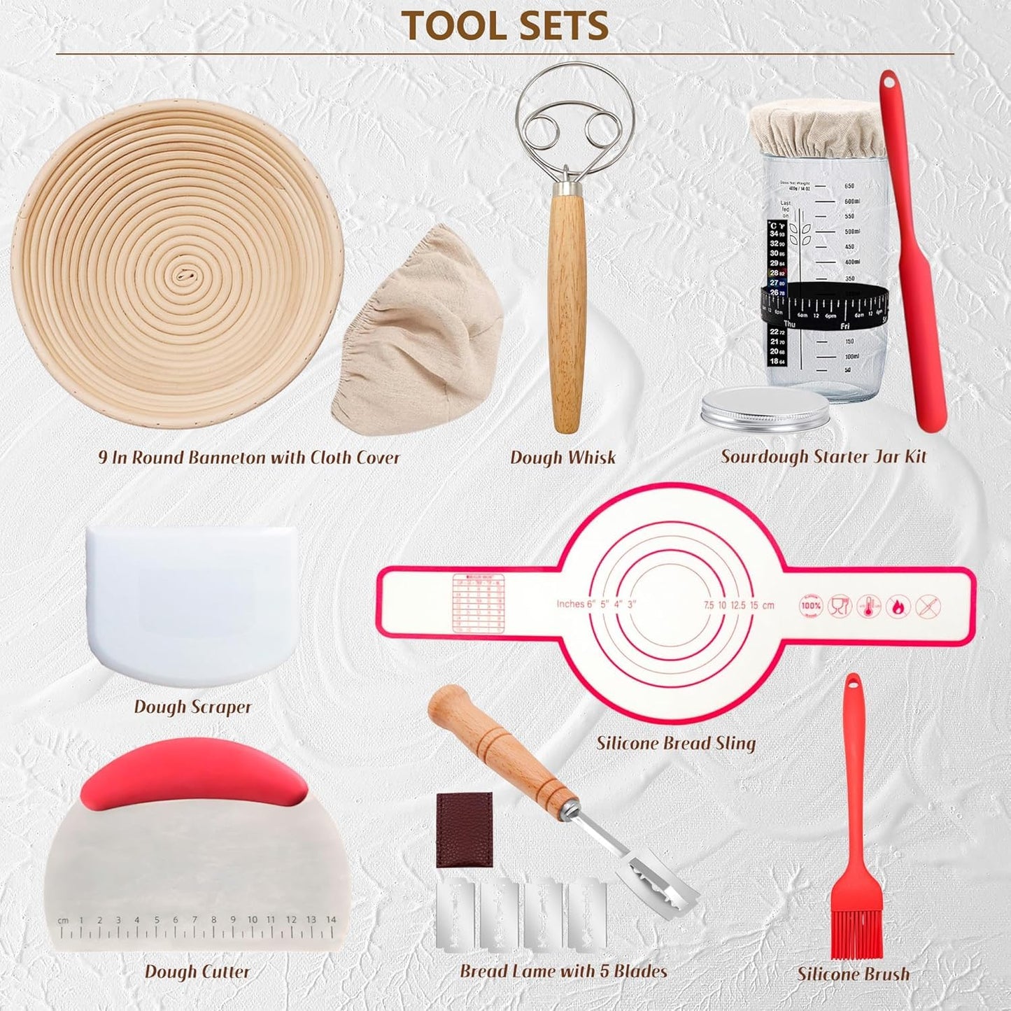 Sourdough Baking Sets Starter Kit with Proofing Basket Natural 23 cm x 8.38 NEW