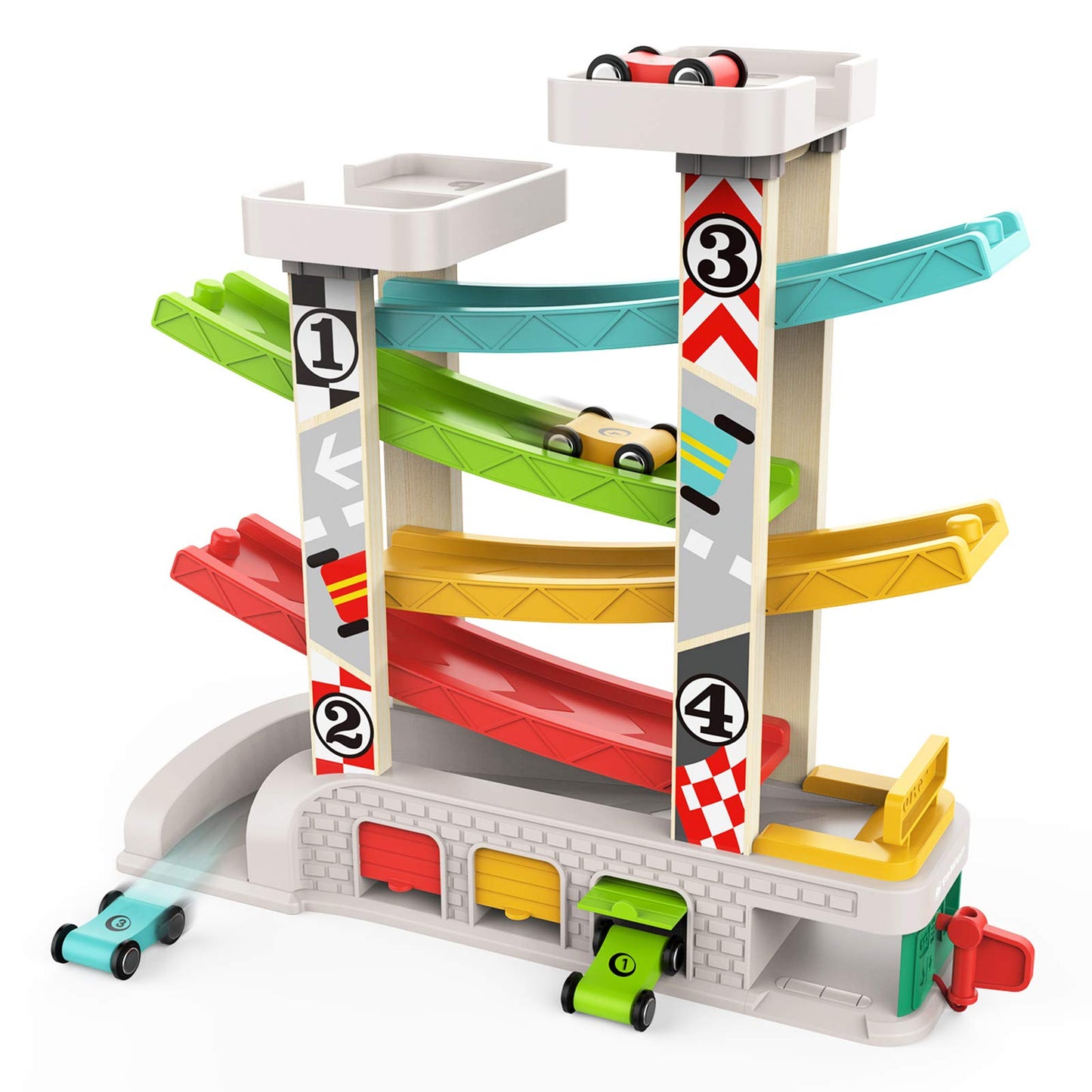 TOP BRIGHT Motor Vehicles Wooden Toy Car Ramp Track Playset for Toddlers, DEMO