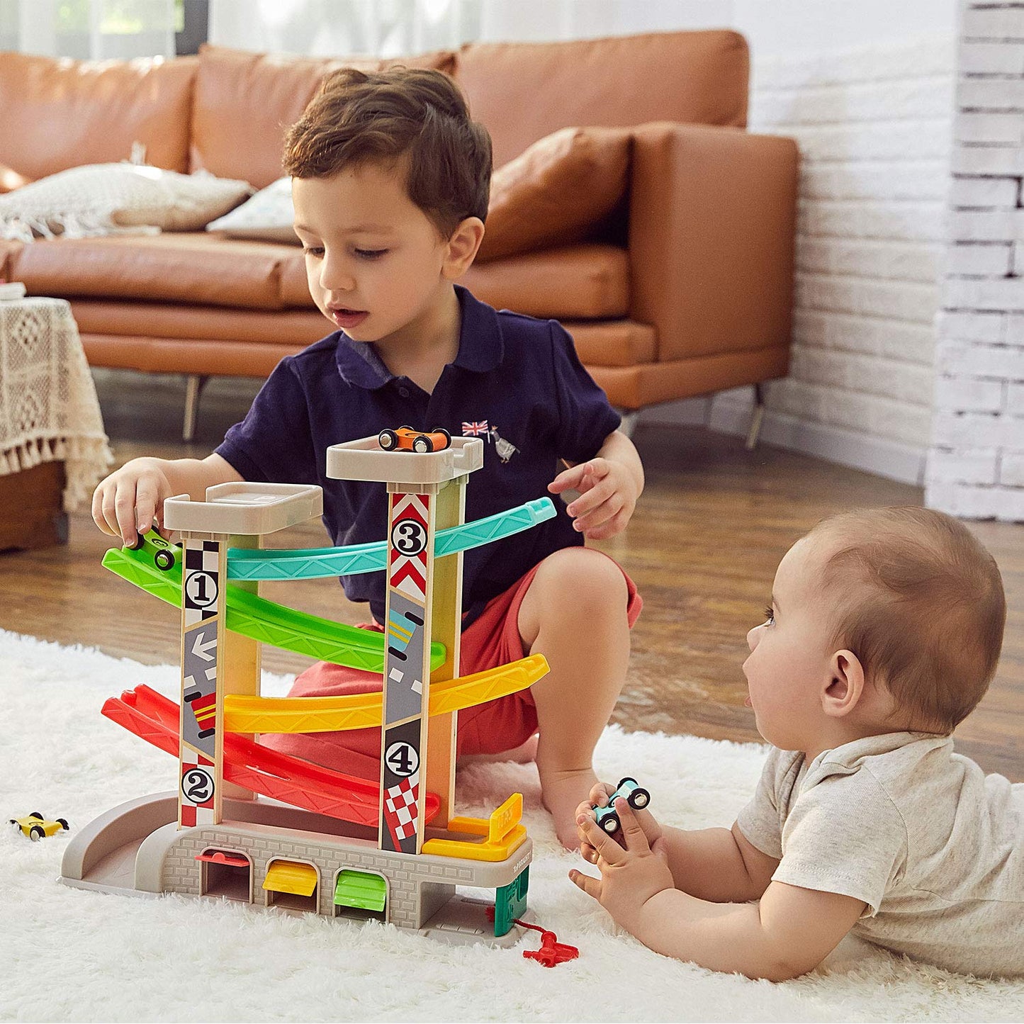 TOP BRIGHT Motor Vehicles Wooden Toy Car Ramp Track Playset for Toddlers, DEMO