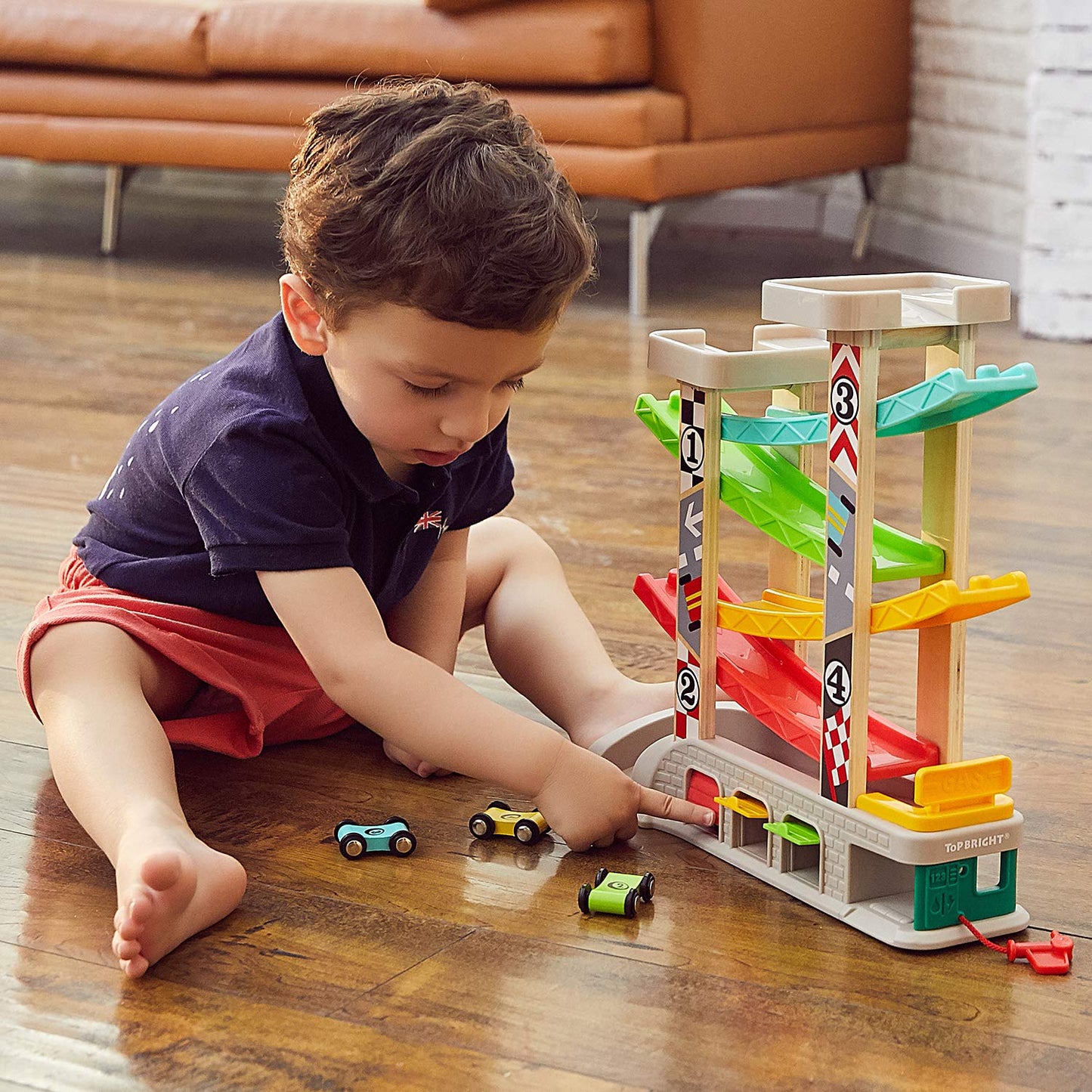 TOP BRIGHT Motor Vehicles Wooden Toy Car Ramp Track Playset for Toddlers, DEMO