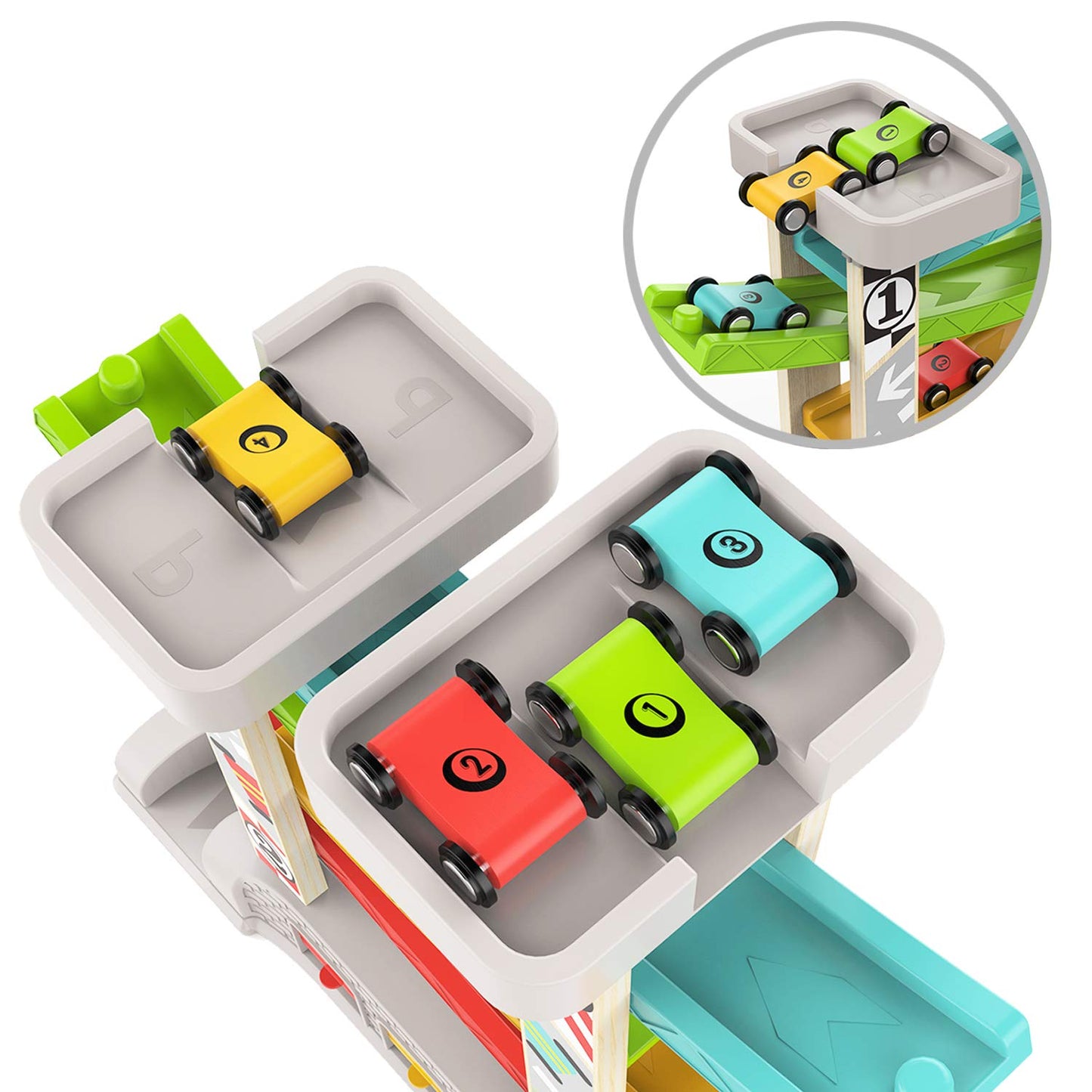 TOP BRIGHT Motor Vehicles Wooden Toy Car Ramp Track Playset for Toddlers, DEMO
