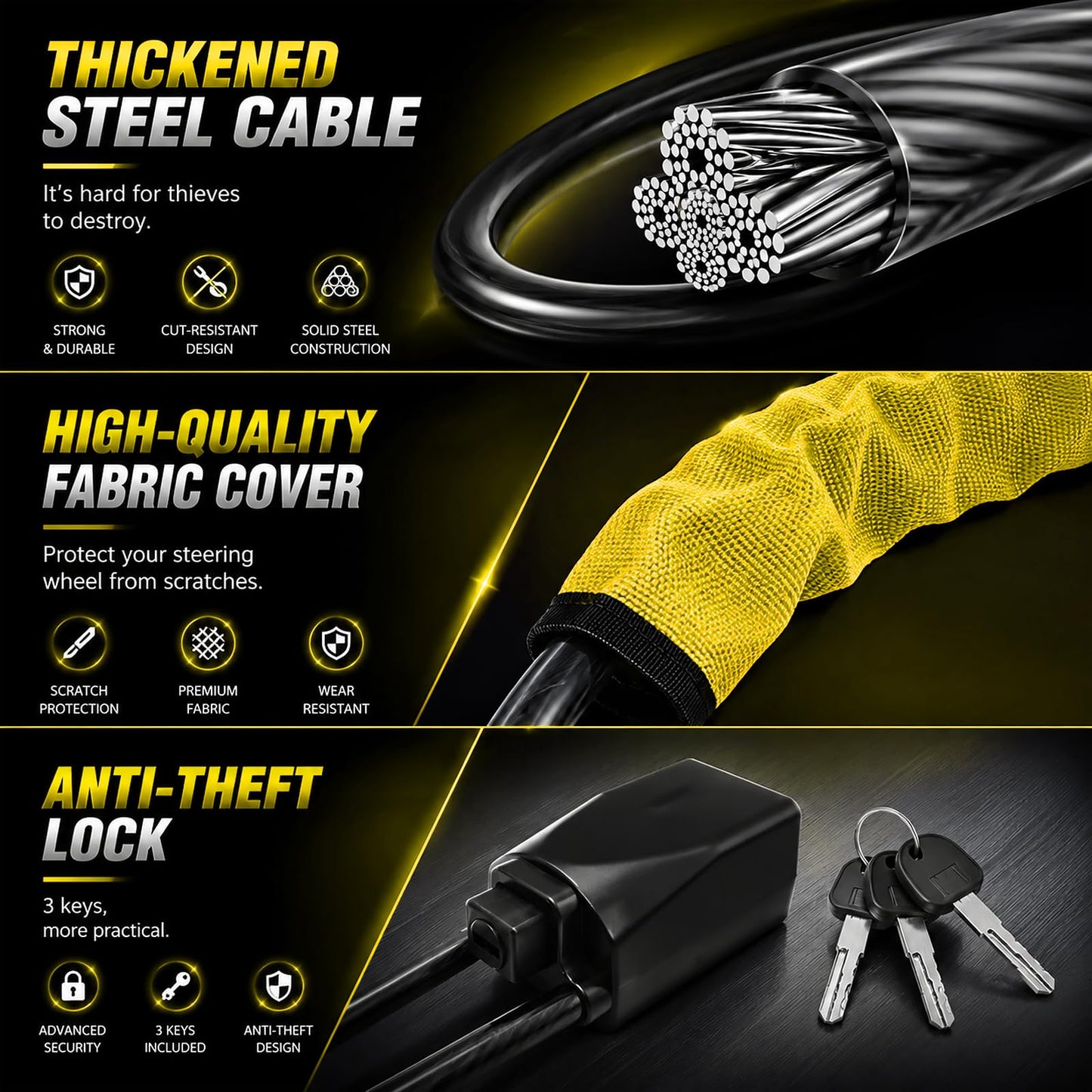 Secure Your Vehicle with Yellow Steering Wheel Lock & Seat Buckle Locking NEW