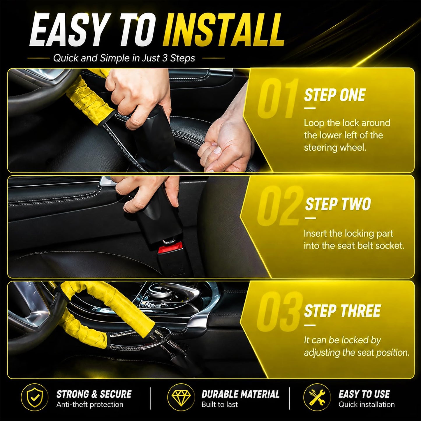 Secure Your Vehicle with Yellow Steering Wheel Lock & Seat Buckle Locking NEW