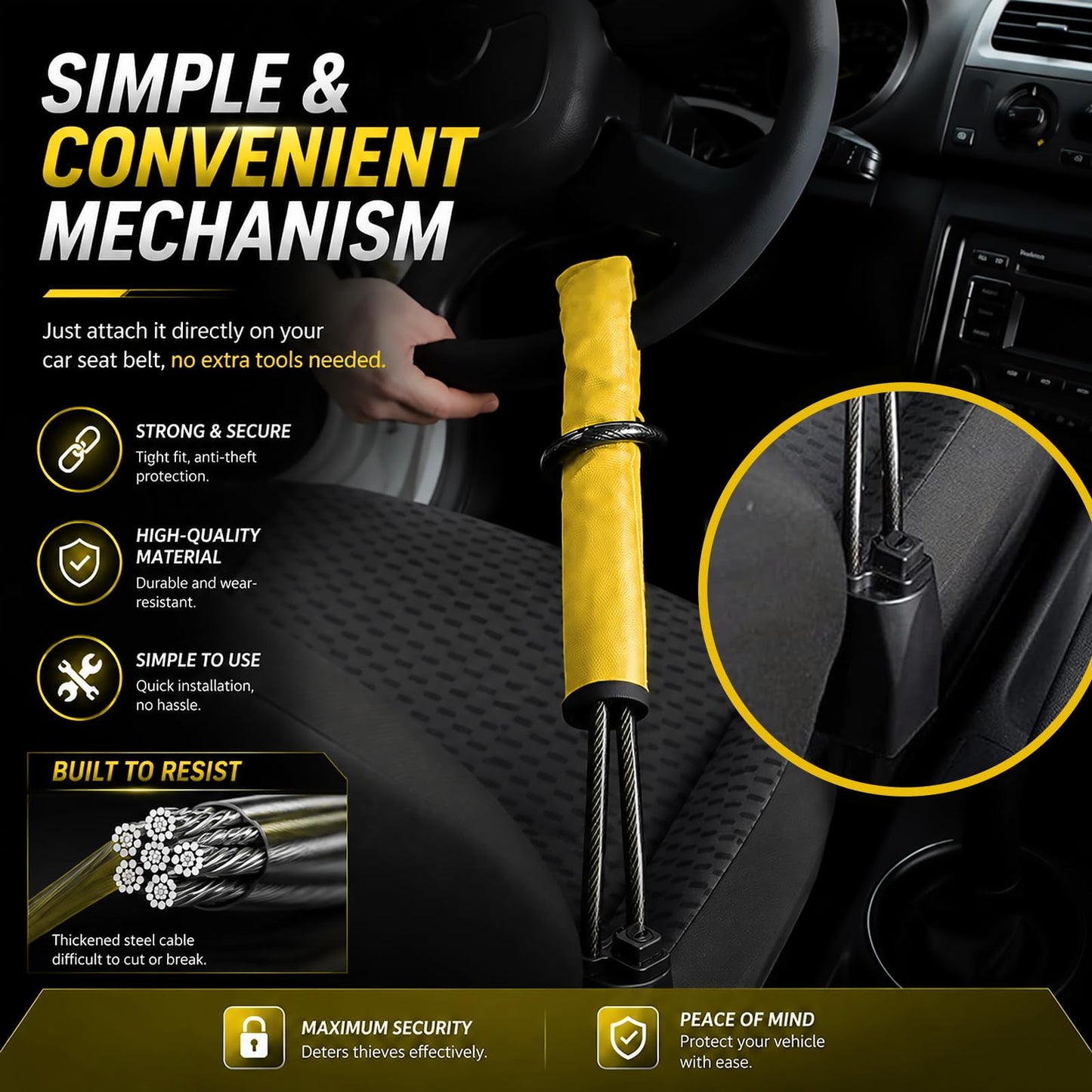Secure Your Vehicle with Yellow Steering Wheel Lock & Seat Buckle Locking NEW