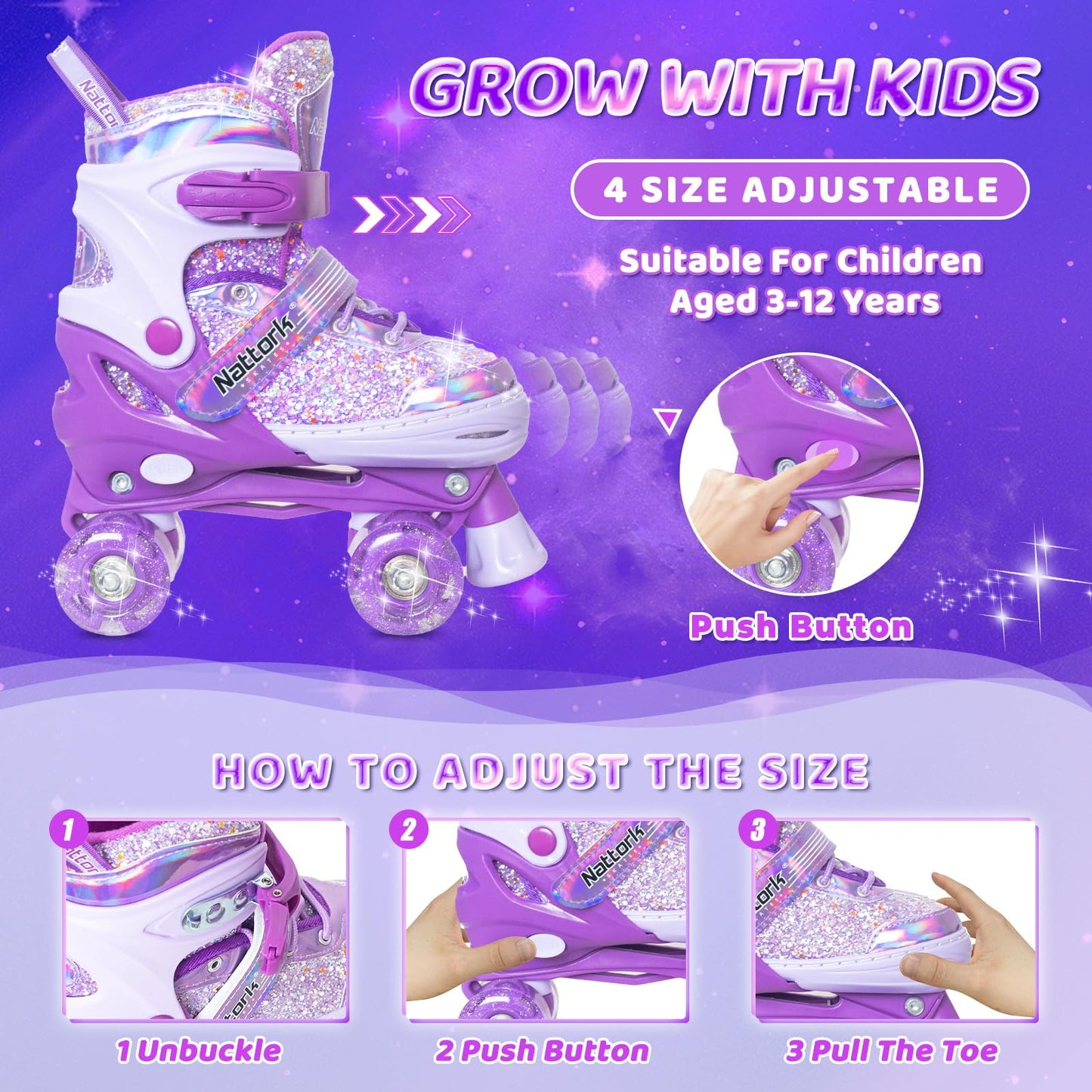 Nattork Kids Adjustable Roller Skates Dream Purple Size Medium (Ages 1-4) NEW