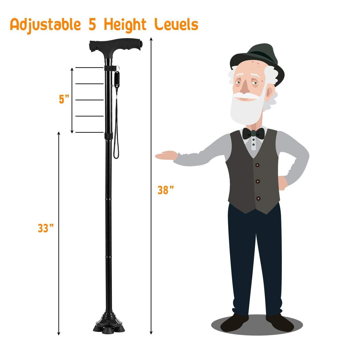 Adjustable Folding Walking Cane with LED Light T-Handle for Men & Women NEW