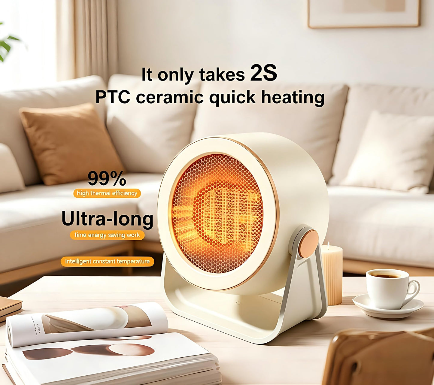 1200W Cream Electric Desk Heater - Quiet, Fast, Portable Personal Heating NEW