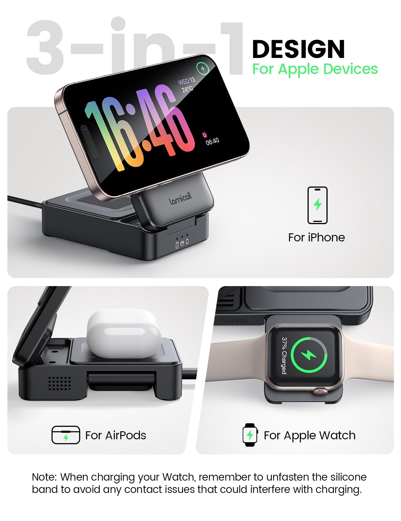 Lamicall 3-in-1 Foldable Wireless Charging Station for iPhone, Apple DEMO