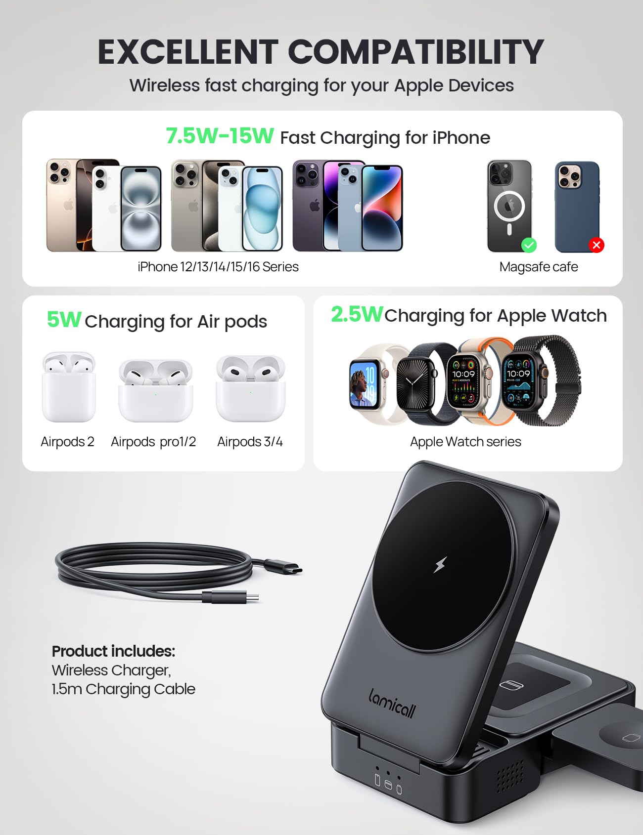 Lamicall 3-in-1 Foldable Wireless Charging Station for iPhone, Apple DEMO