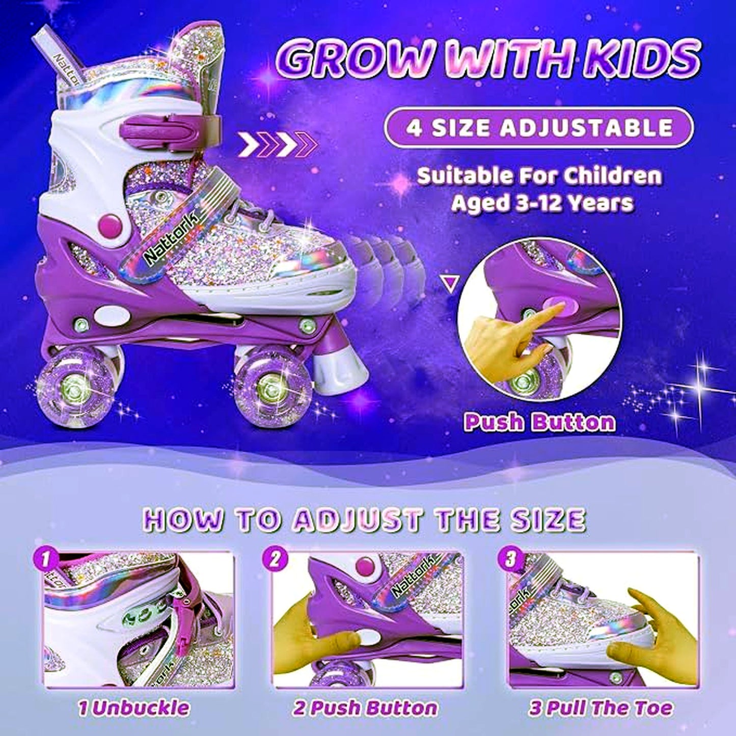 Nattork Kids Adjustable Roller Skates Dream Purple Small(10C-13C) Sizes NEW