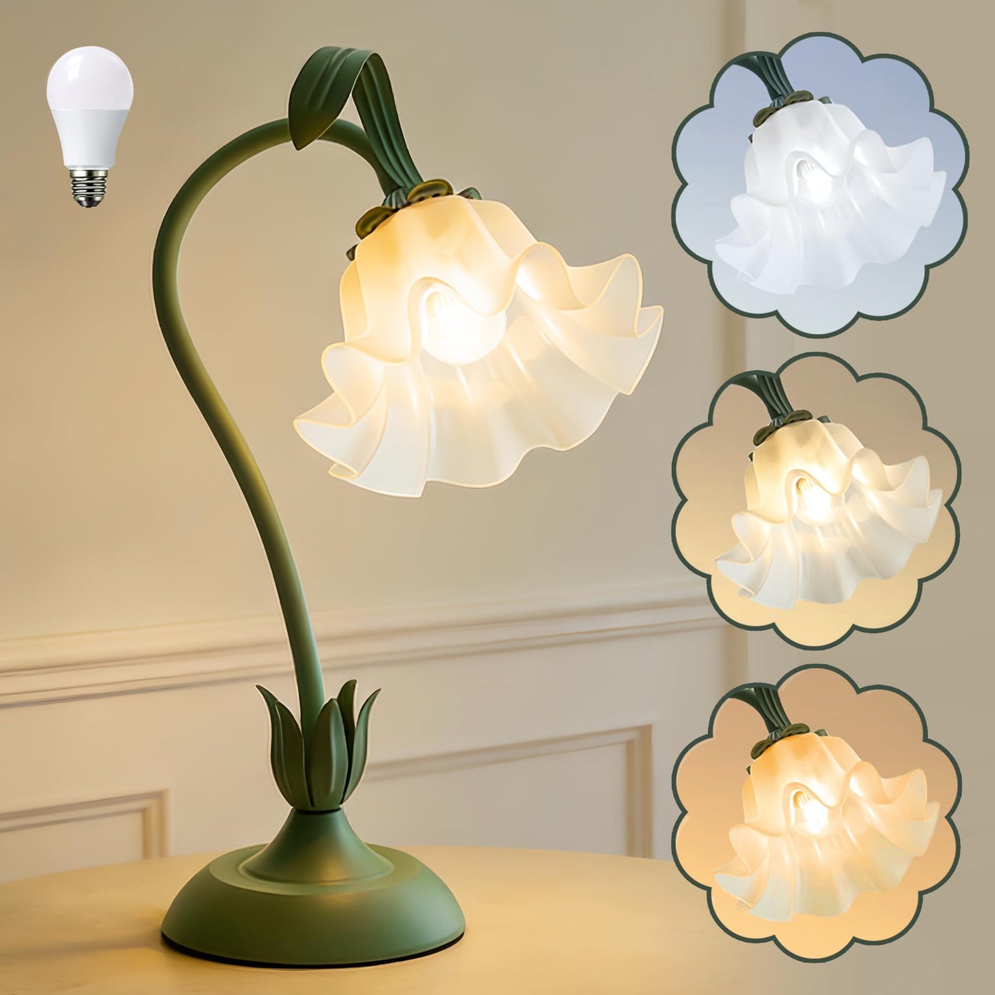 Rechargeable Touch Flower LED Desk Lamp Green & White Acrylic Cordless NEW