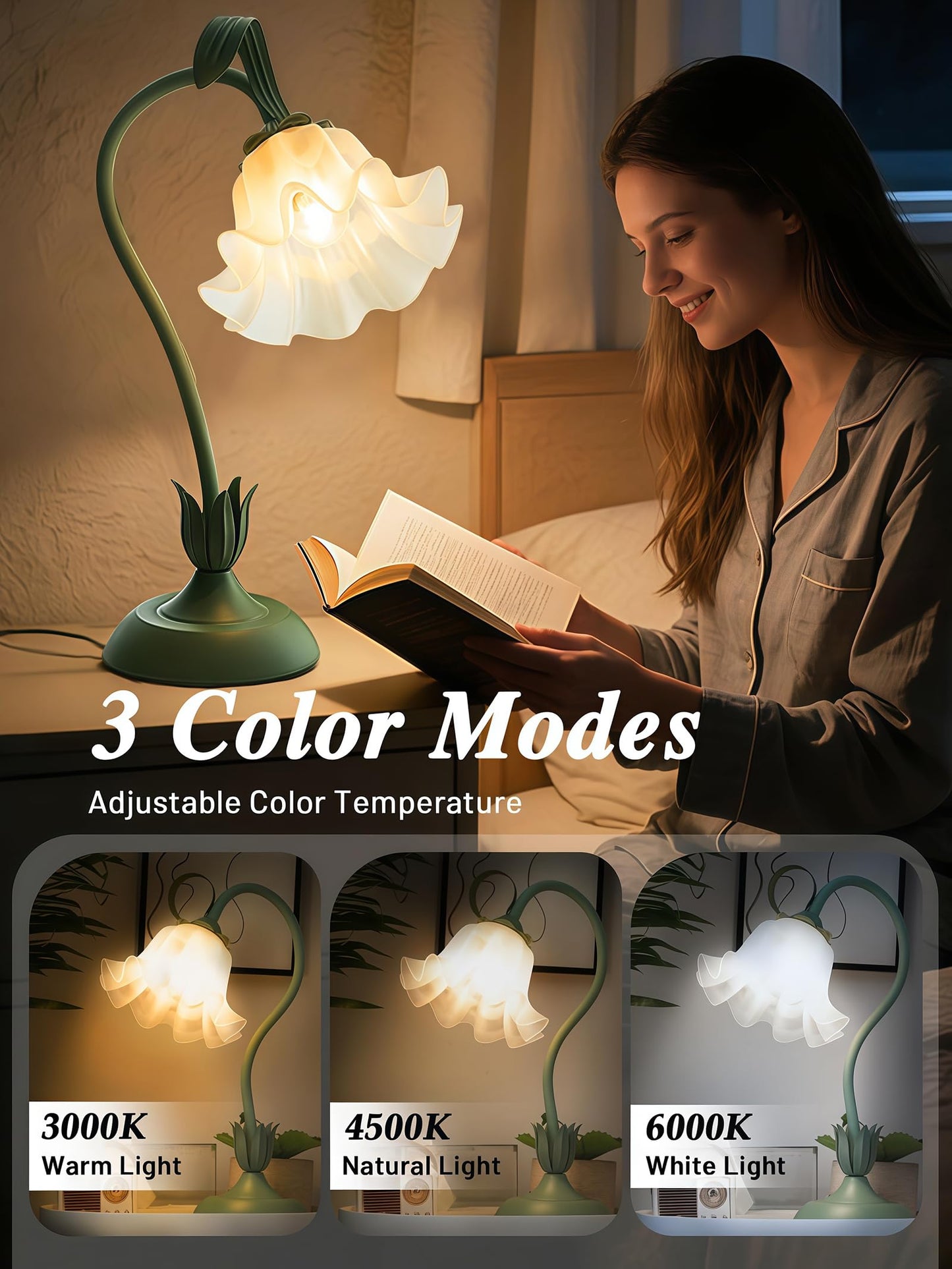Rechargeable Touch Flower LED Desk Lamp Green & White Acrylic Cordless NEW