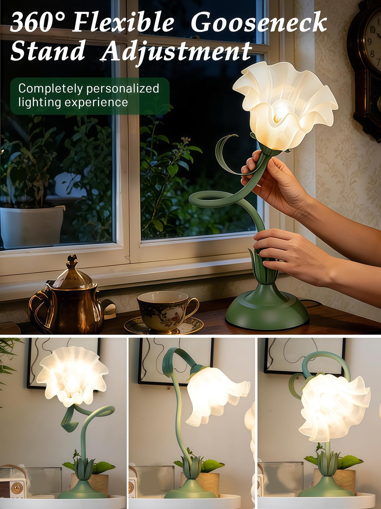 Rechargeable Touch Flower LED Desk Lamp Green & White Acrylic Cordless NEW