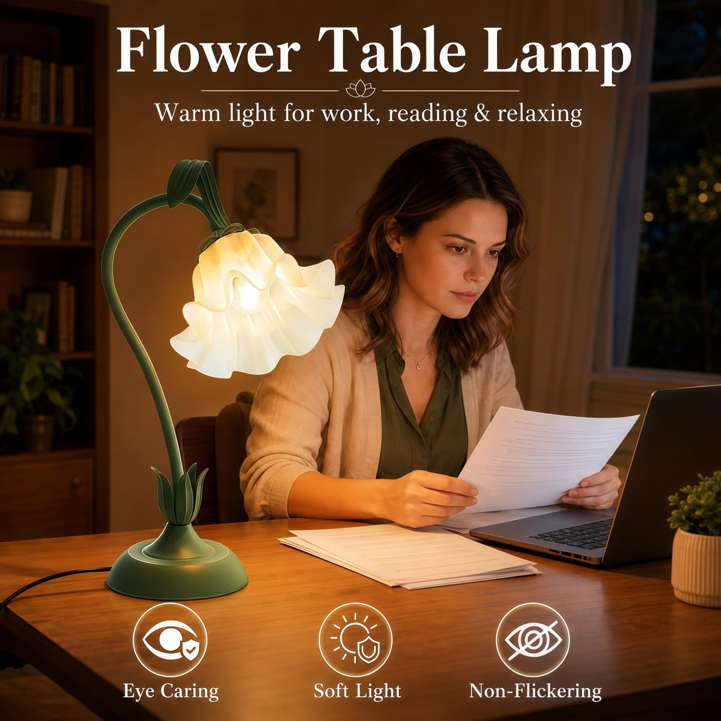 Rechargeable Touch Flower LED Desk Lamp Green & White Acrylic Cordless NEW