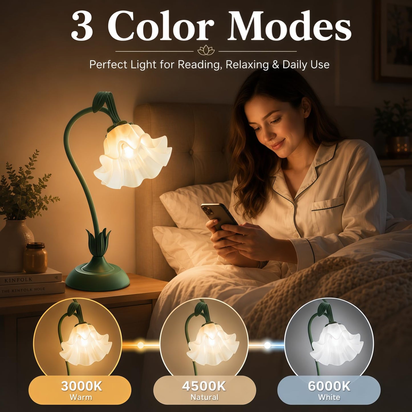 Rechargeable Touch Flower LED Desk Lamp Green & White Acrylic Cordless NEW