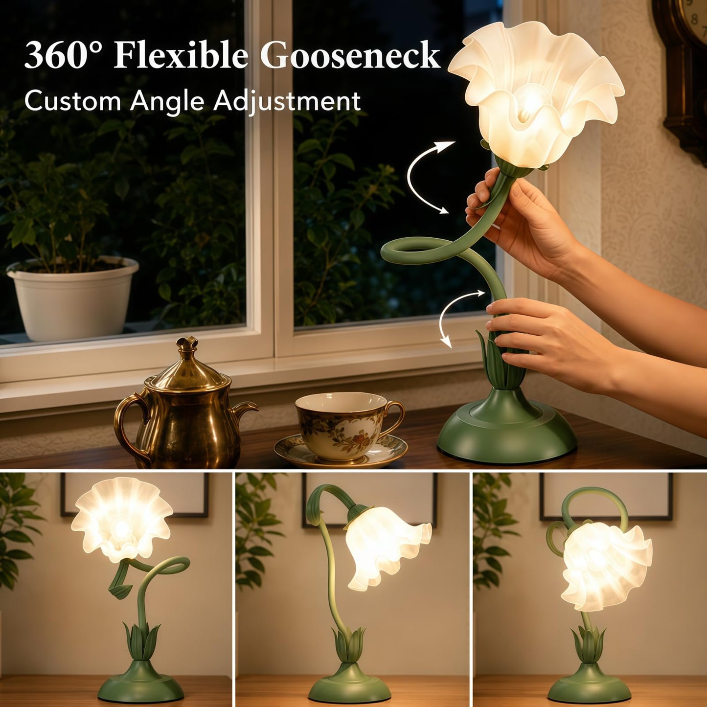 Rechargeable Touch Flower LED Desk Lamp Green & White Acrylic Cordless NEW