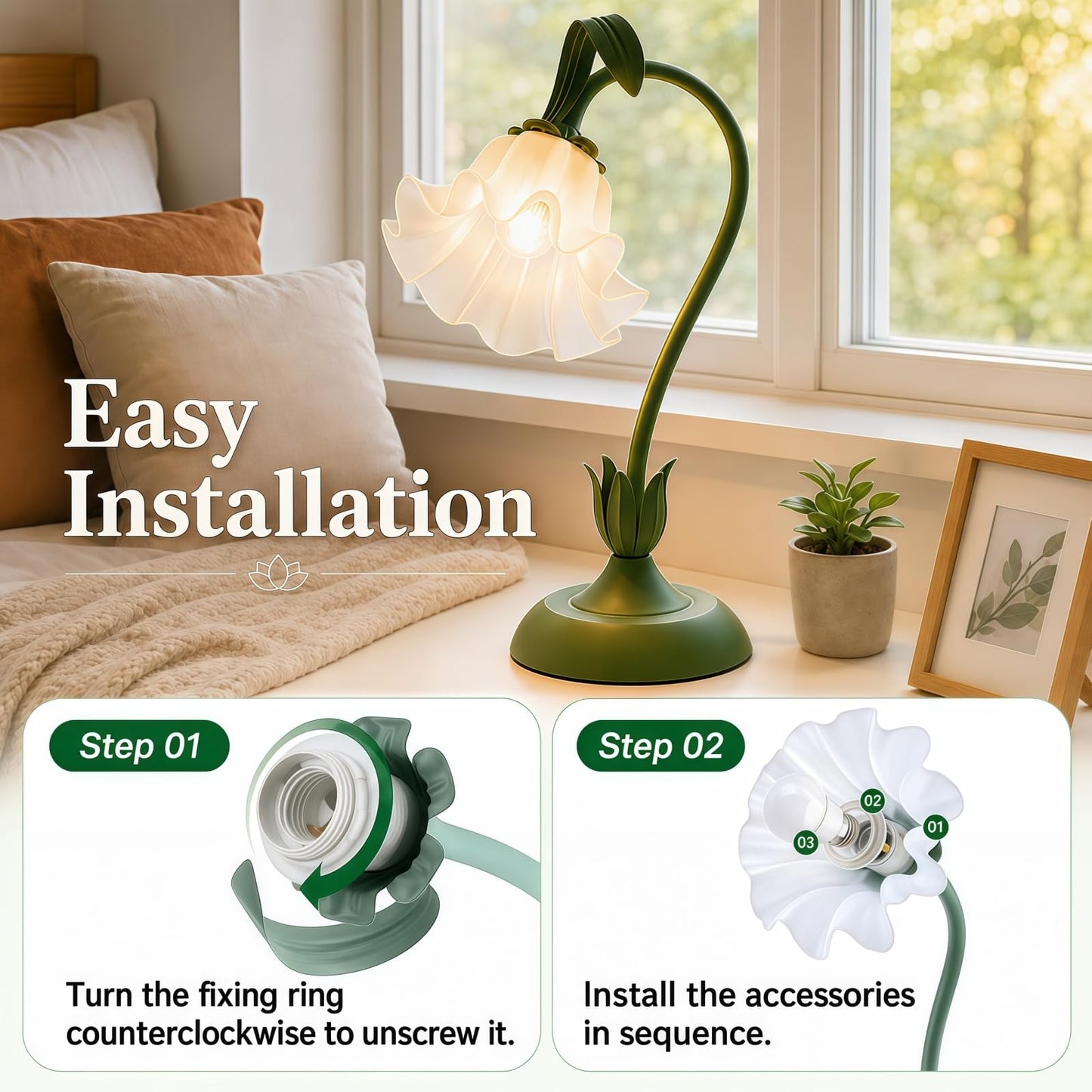 Rechargeable Touch Flower LED Desk Lamp Green & White Acrylic Cordless NEW