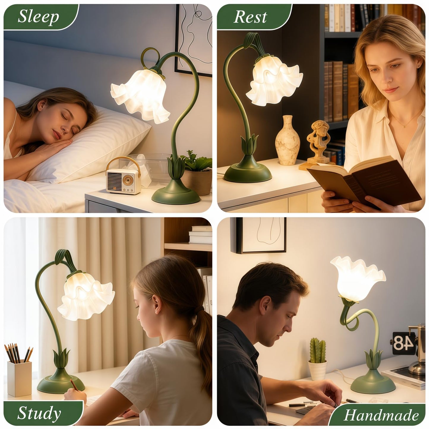 Rechargeable Touch Flower LED Desk Lamp Green & White Acrylic Cordless NEW