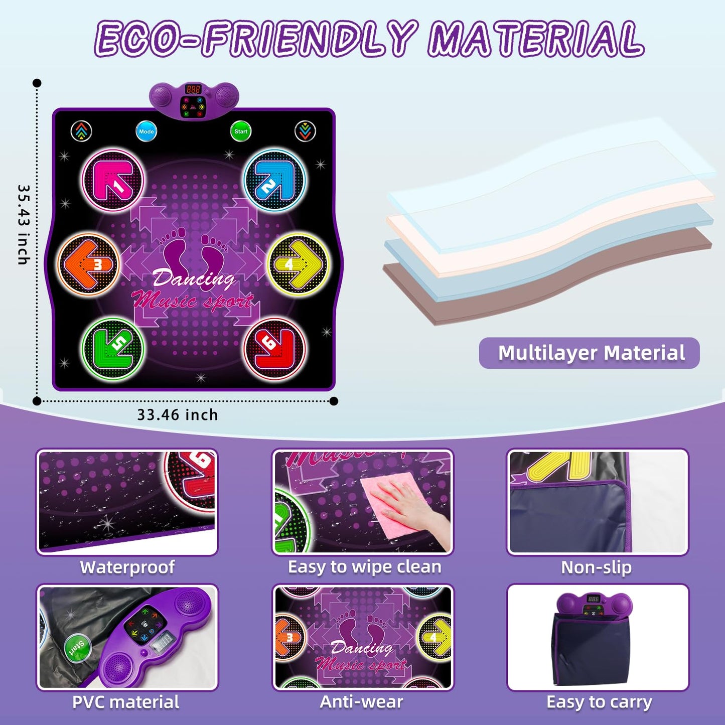 Wireless Bluetooth Light-Up Electronic Dance Pad 6-Key Night Light Purple NEW