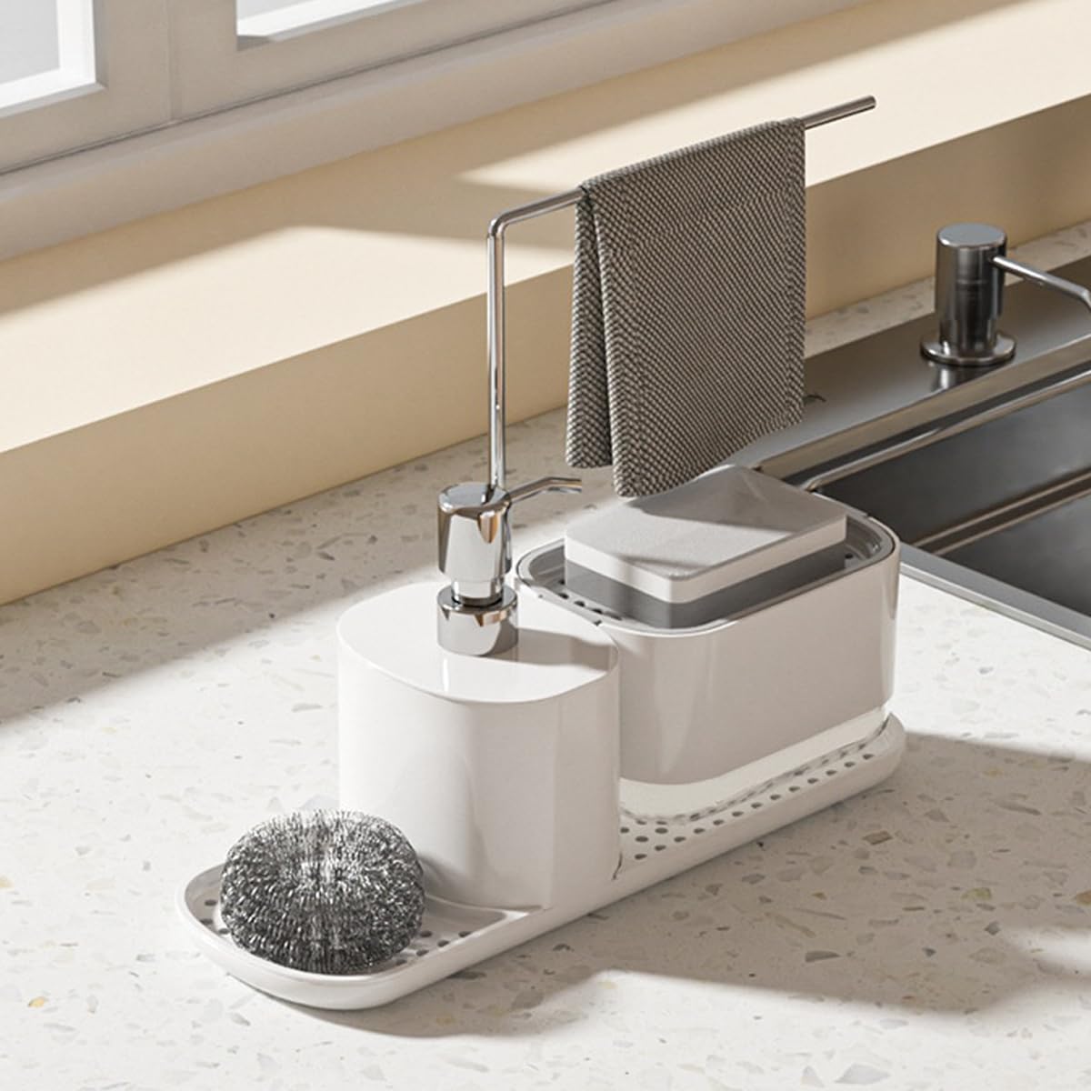 4-in-1 Kitchen Sink Organizer Caddy Soap Dispenser White & Grey Storage NEW