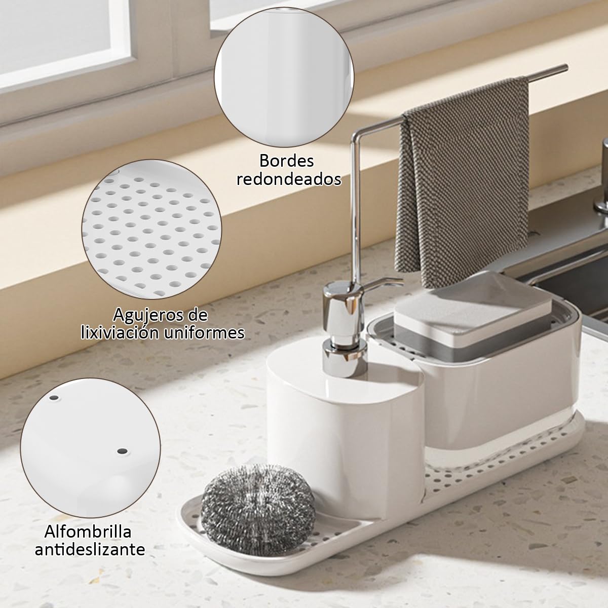 4-in-1 Kitchen Sink Organizer Caddy Soap Dispenser White & Grey Storage NEW