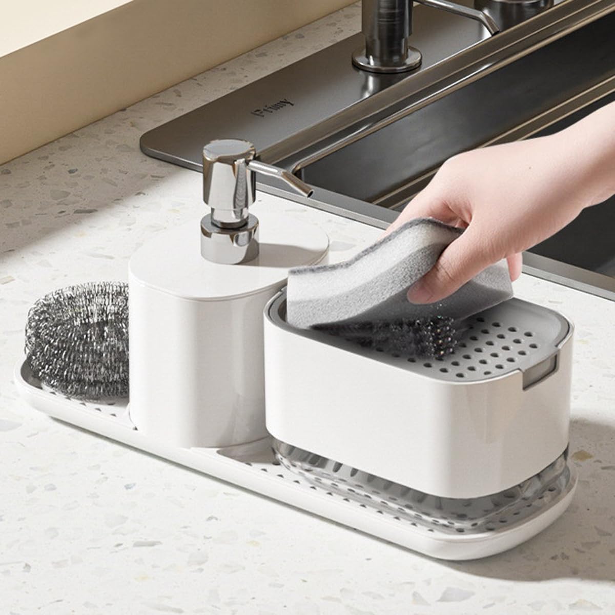 4-in-1 Kitchen Sink Organizer Caddy Soap Dispenser White & Grey Storage NEW