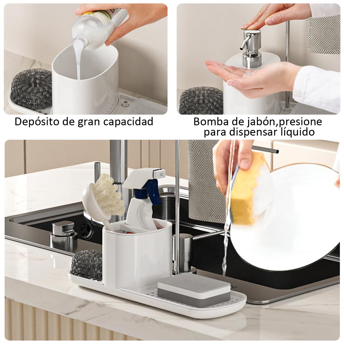 4-in-1 Kitchen Sink Organizer Caddy Soap Dispenser White & Grey Storage NEW