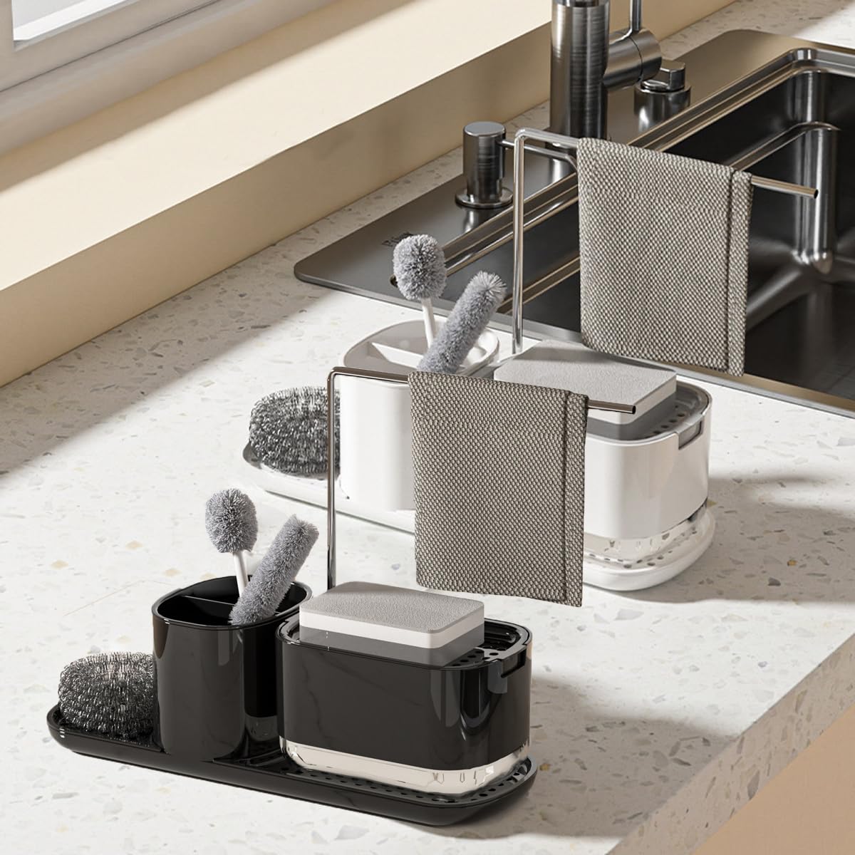 4-in-1 Kitchen Sink Organizer Caddy Soap Dispenser White & Grey Storage NEW