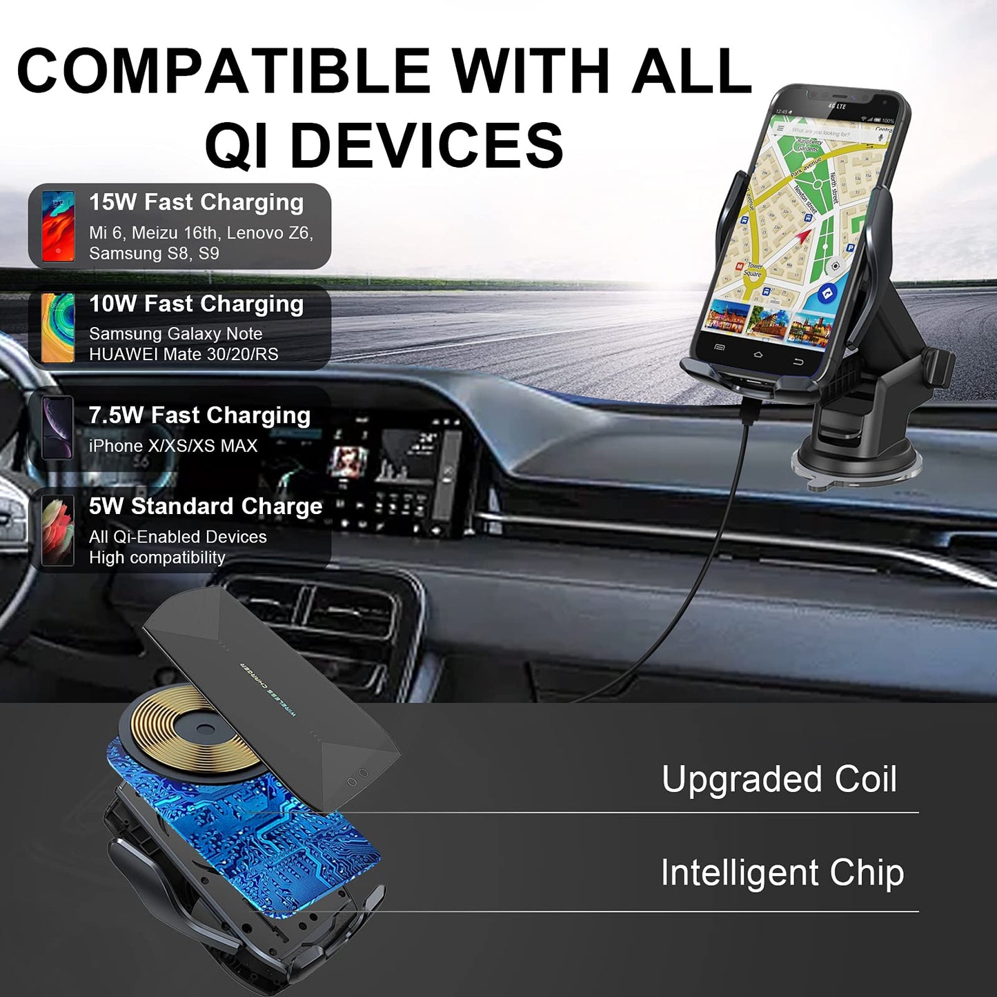 Wireless Qi Fast Charging Car Phone Holder Automobile Charger in Black - DEMO