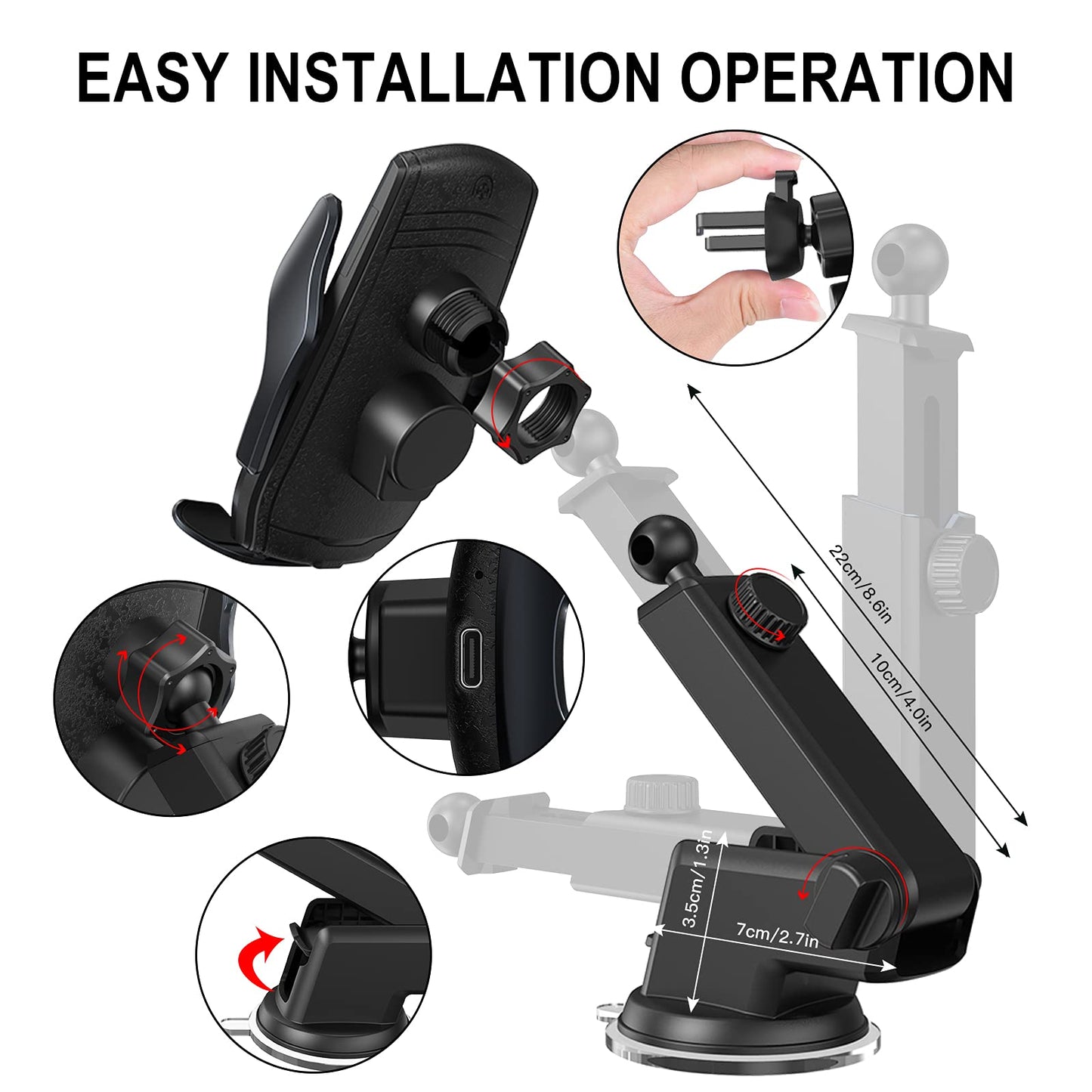 Wireless Qi Fast Charging Car Phone Holder Automobile Charger in Black - DEMO