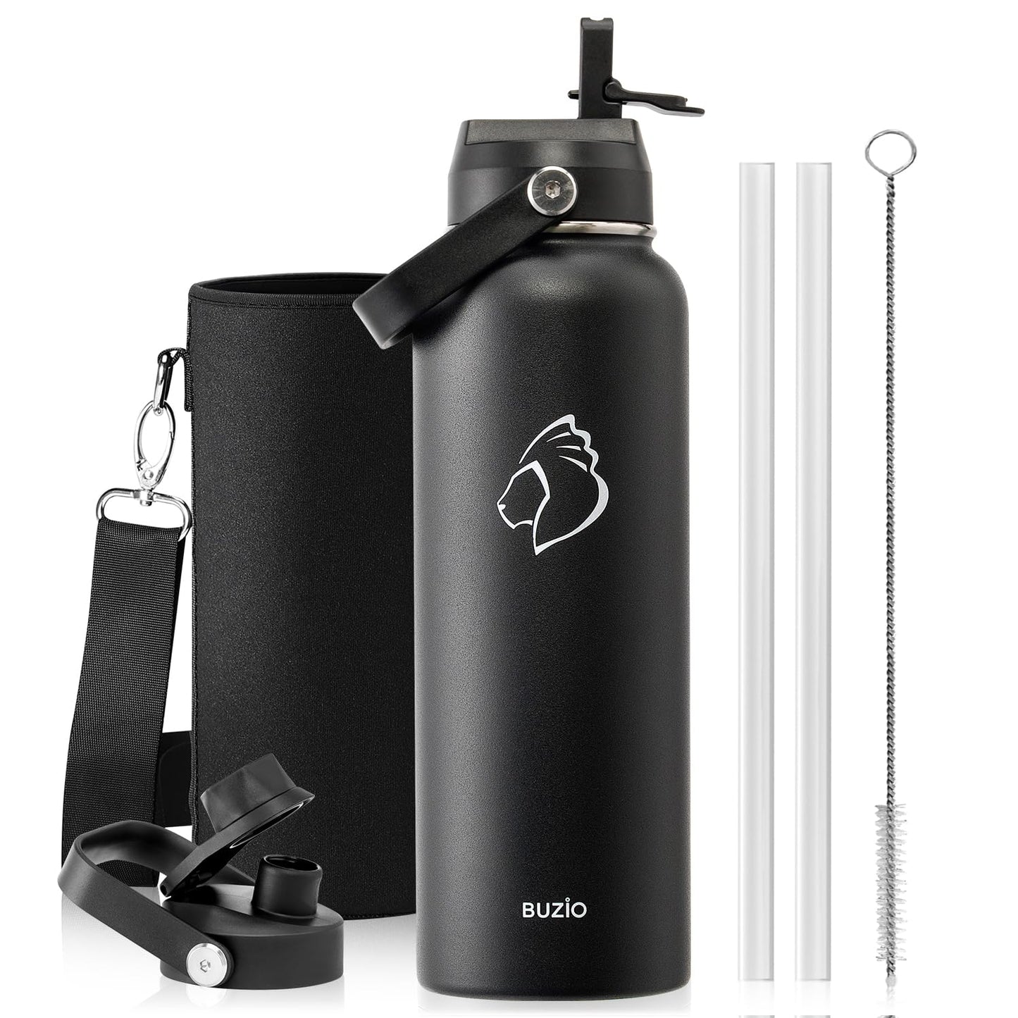 BUZIO 40 oz / 1L Insulated Drink Bottle with Dust-Proof Straw Lid and Spout NEW
