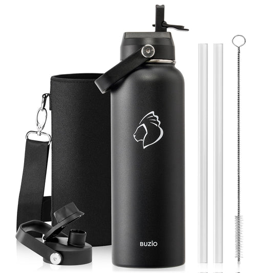 BUZIO 40 oz / 1L Insulated Drink Bottle with Dust-Proof Straw Lid and Spout NEW