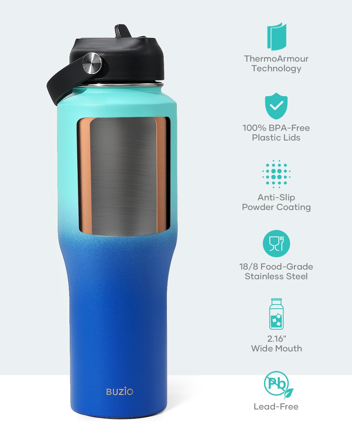 BUZIO 32 oz Stainless Steel Insulated Sports Water Bottle Fits Car Cup Size NEW