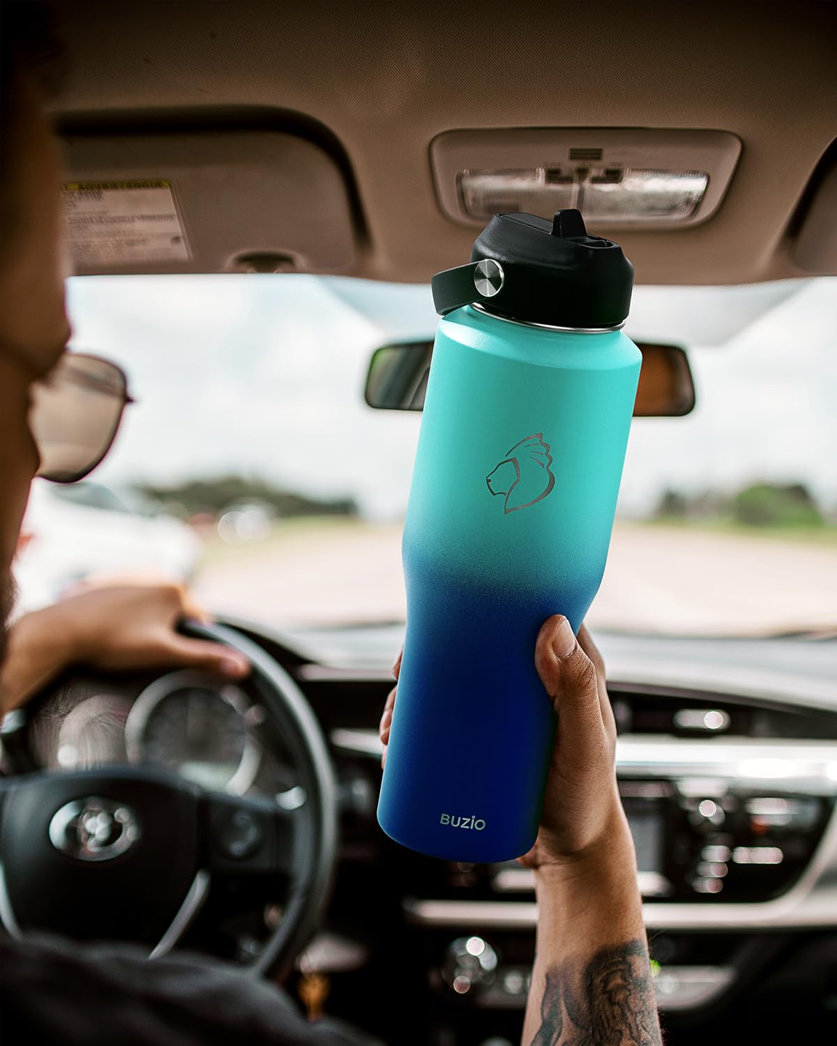 BUZIO 32 oz Stainless Steel Insulated Sports Water Bottle Fits Car Cup Size NEW