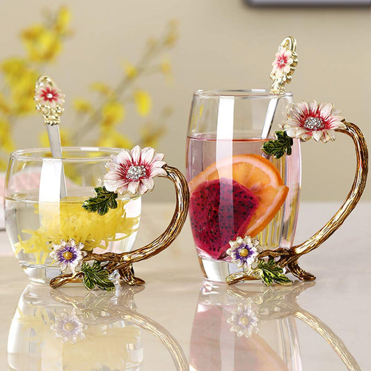 Elegant Glass Coffee Mug Tea Cup with Steel Spoon, 11oz/320ml, Gold Short NEW