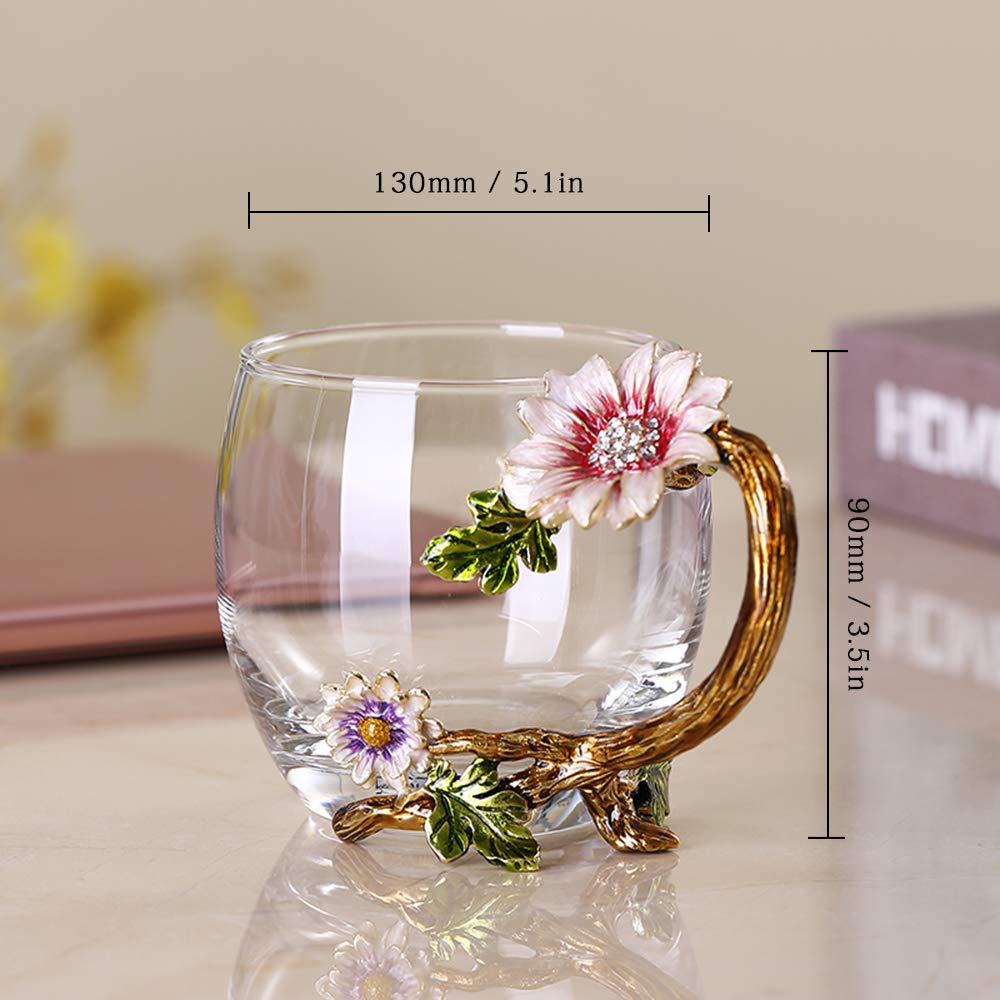 Elegant Glass Coffee Mug Tea Cup with Steel Spoon, 11oz/320ml, Gold Short NEW