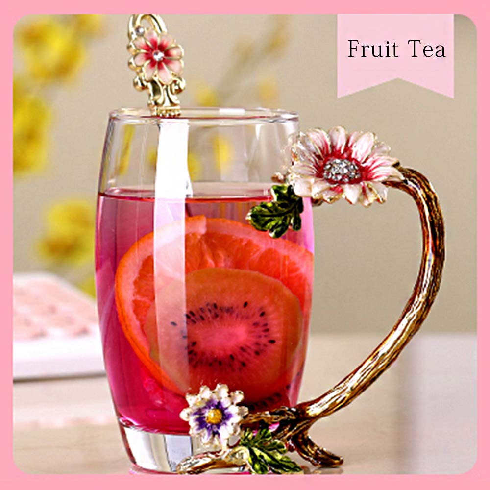 Elegant Glass Coffee Mug Tea Cup with Steel Spoon, 11oz/320ml, Gold Short NEW