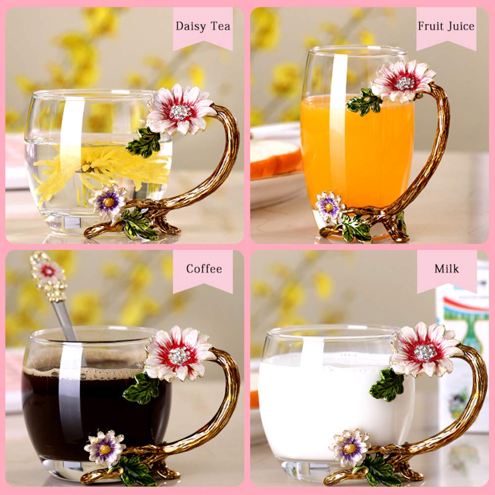 Elegant Glass Coffee Mug Tea Cup with Steel Spoon, 11oz/320ml, Gold Short NEW