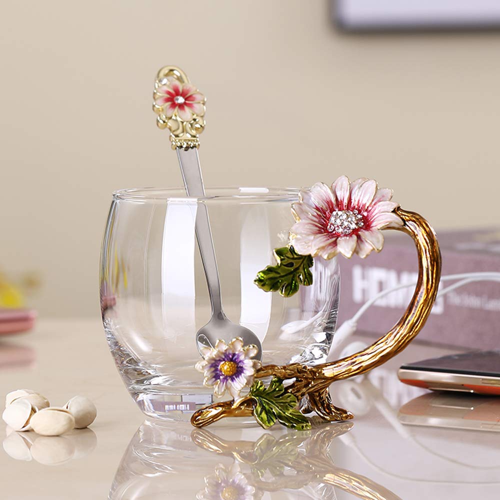 Elegant Glass Coffee Mug Tea Cup with Steel Spoon, 11oz/320ml, Gold Short NEW