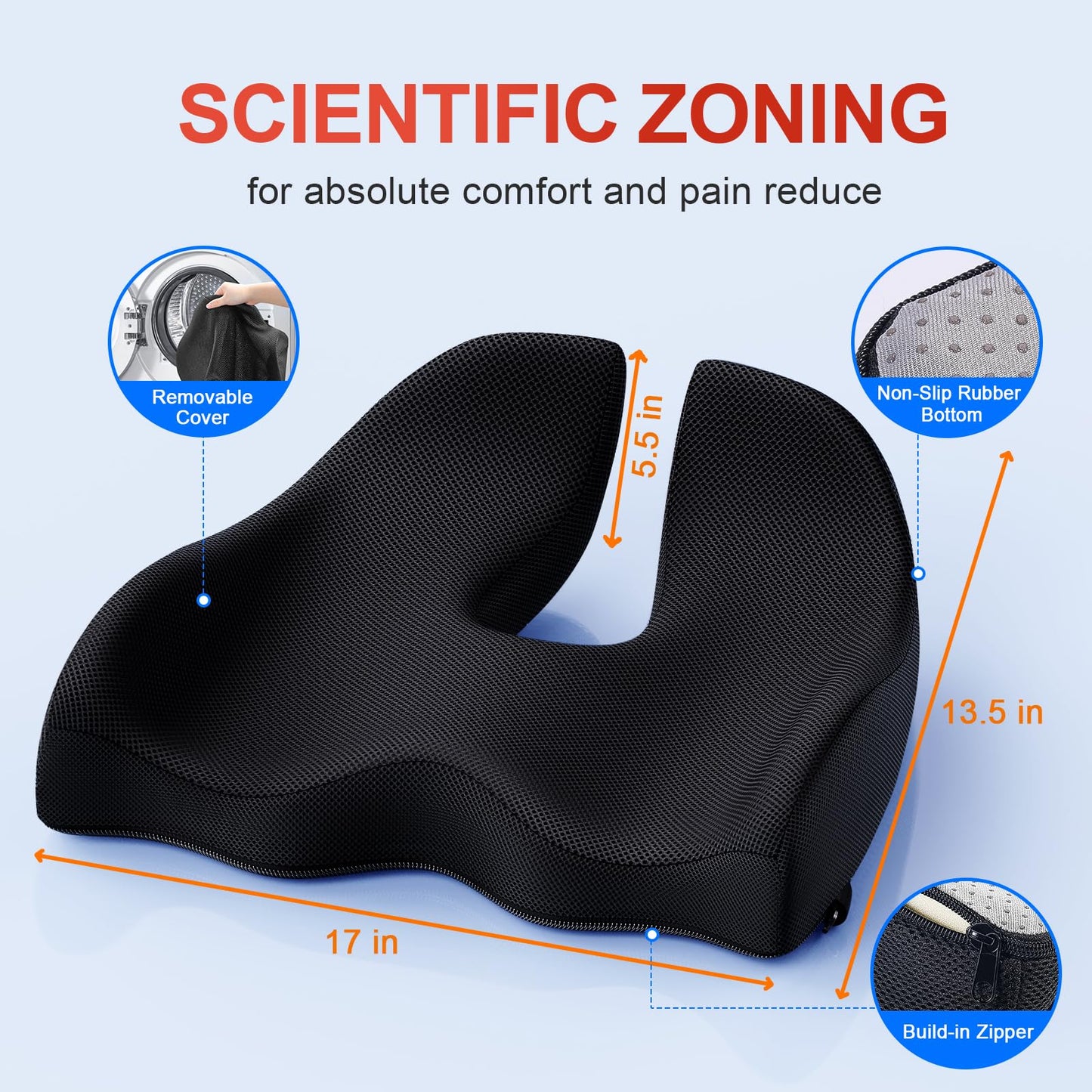 Benazcap Ergonomic Coccyx Seat Cushion XL Memory Foam Back Support Size XL DEMO