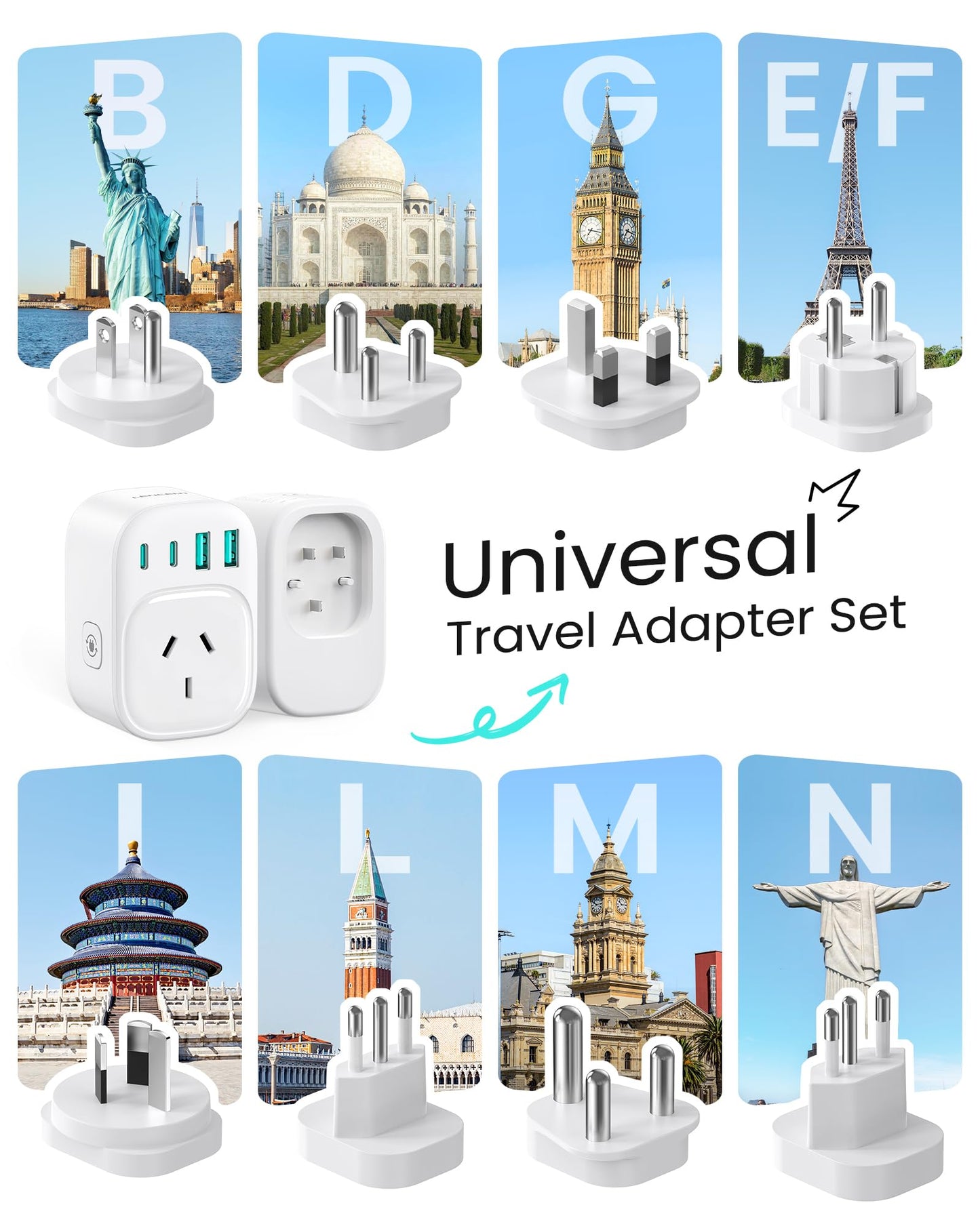 LENCENT Universal International Power Adapter Type B/E/F/D/G/I/L/M/N White NEW