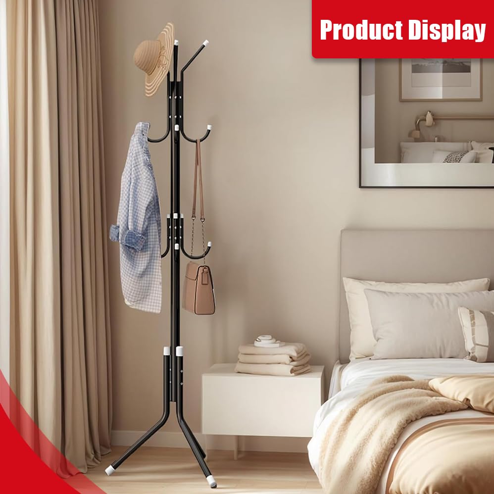 Freestanding Coat Rack with 9 Hooks Standing Clothes Hanger Tree Black NEW