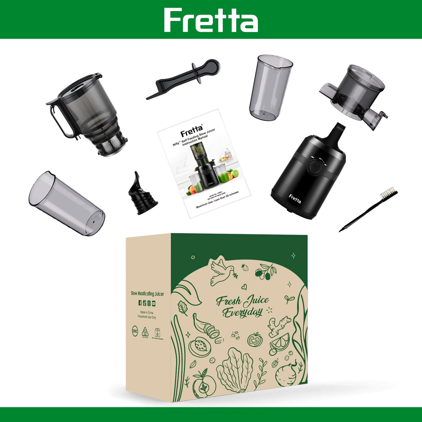 Fretta Masticating Juicers Slow Juicer Machine, Cold Press Electric Juicer, NEW