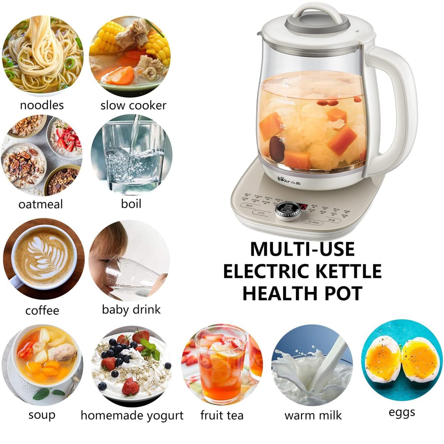 BEAR 1.8L Glass Electric Kettle with Stainless Steel Tea Infuser Beige NEW