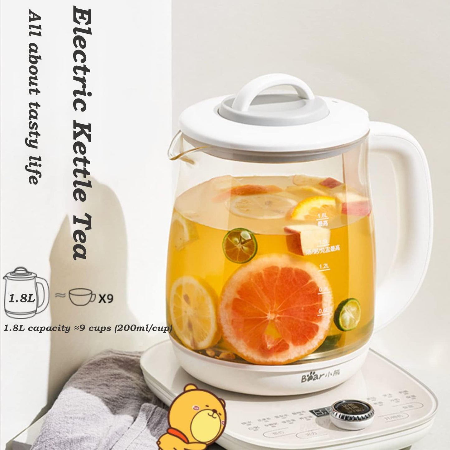 BEAR 1.8L Glass Electric Kettle with Stainless Steel Tea Infuser Beige NEW