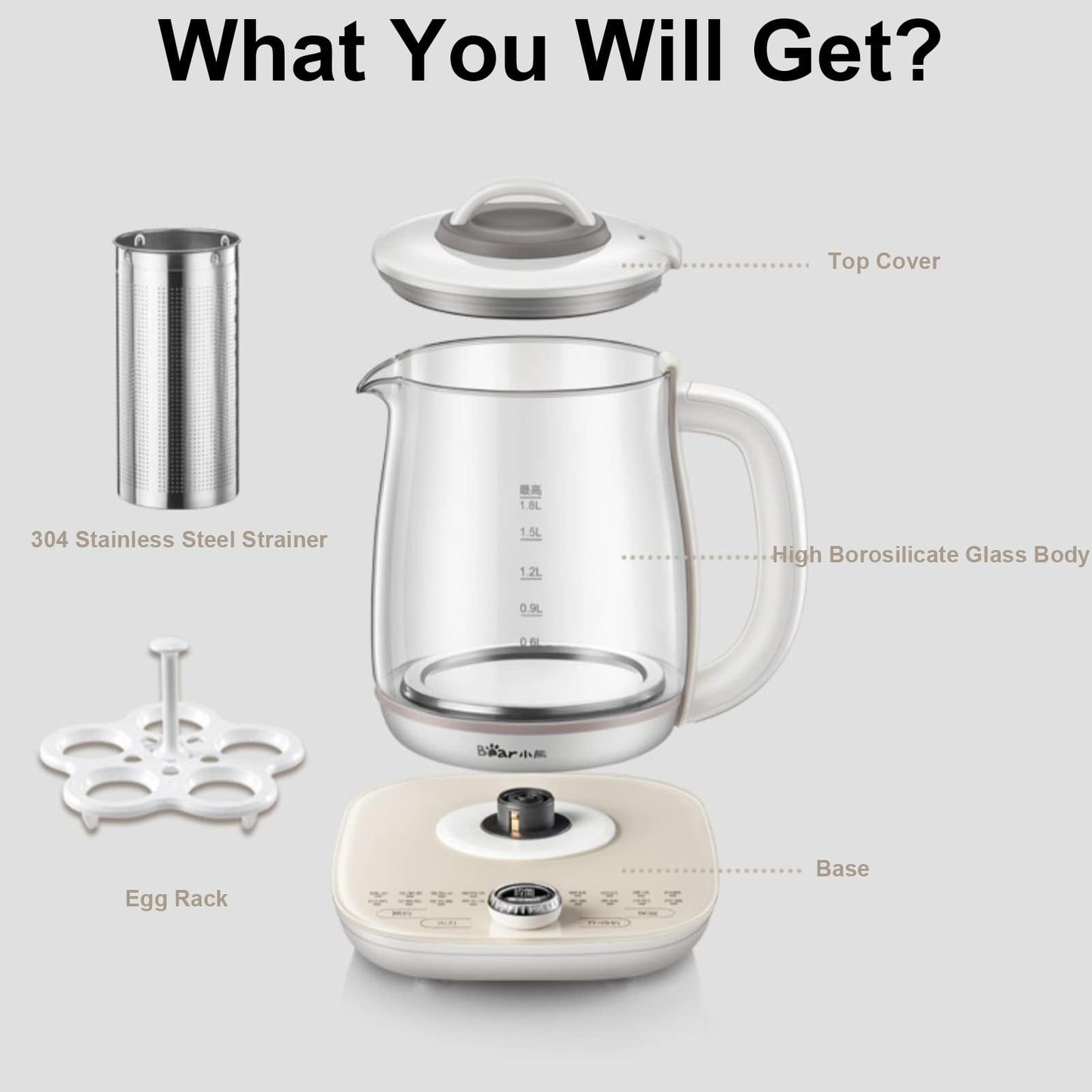 BEAR 1.8L Glass Electric Kettle with Stainless Steel Tea Infuser Beige NEW